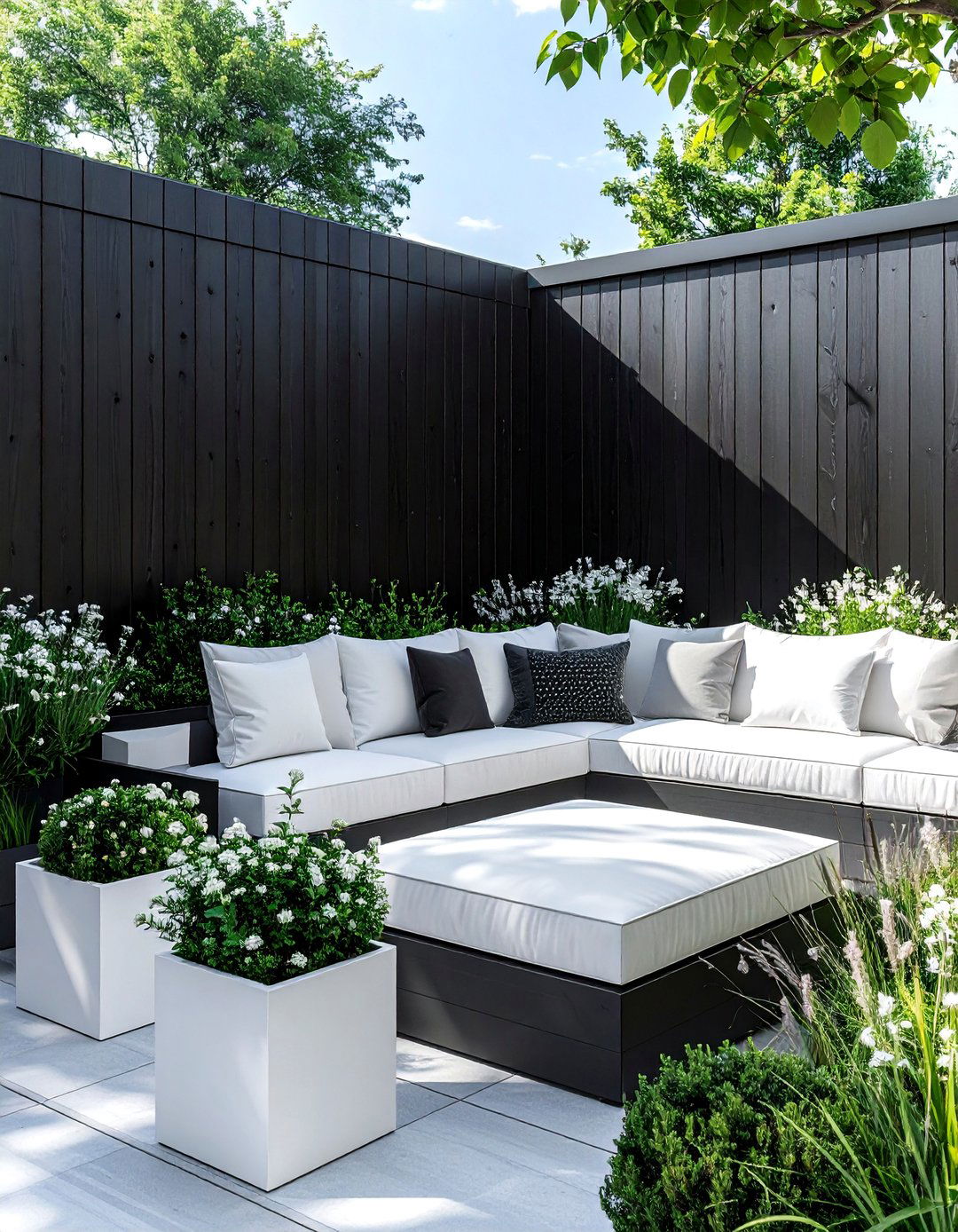 Black Patio Fence as a Dramatic Backdrop - 20 Black and White Patio Ideas for Stylish Outdoor Spaces