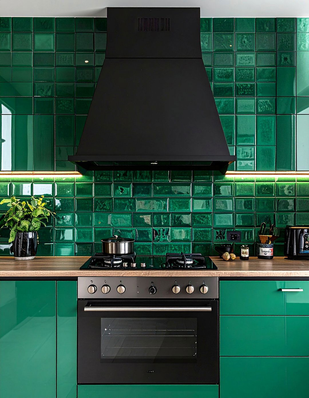 Black Range Hood as a Focal Point Above Green Tile - 30 Black and Green Kitchen Ideas for a Modern Twist