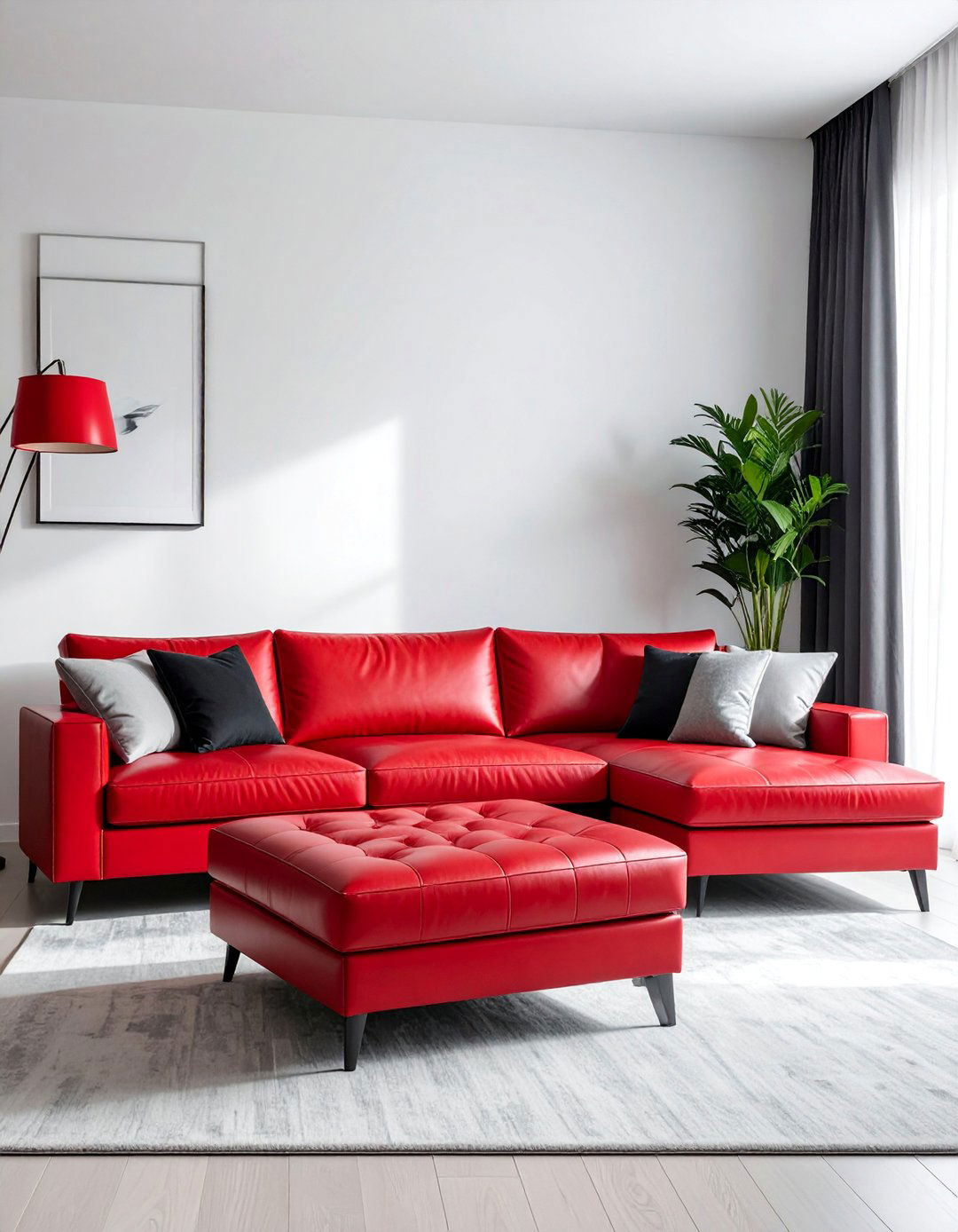 Black Sectional with a Bold Red Ottoman - 25 Black and Red Living Room Ideas for Bold Interiors