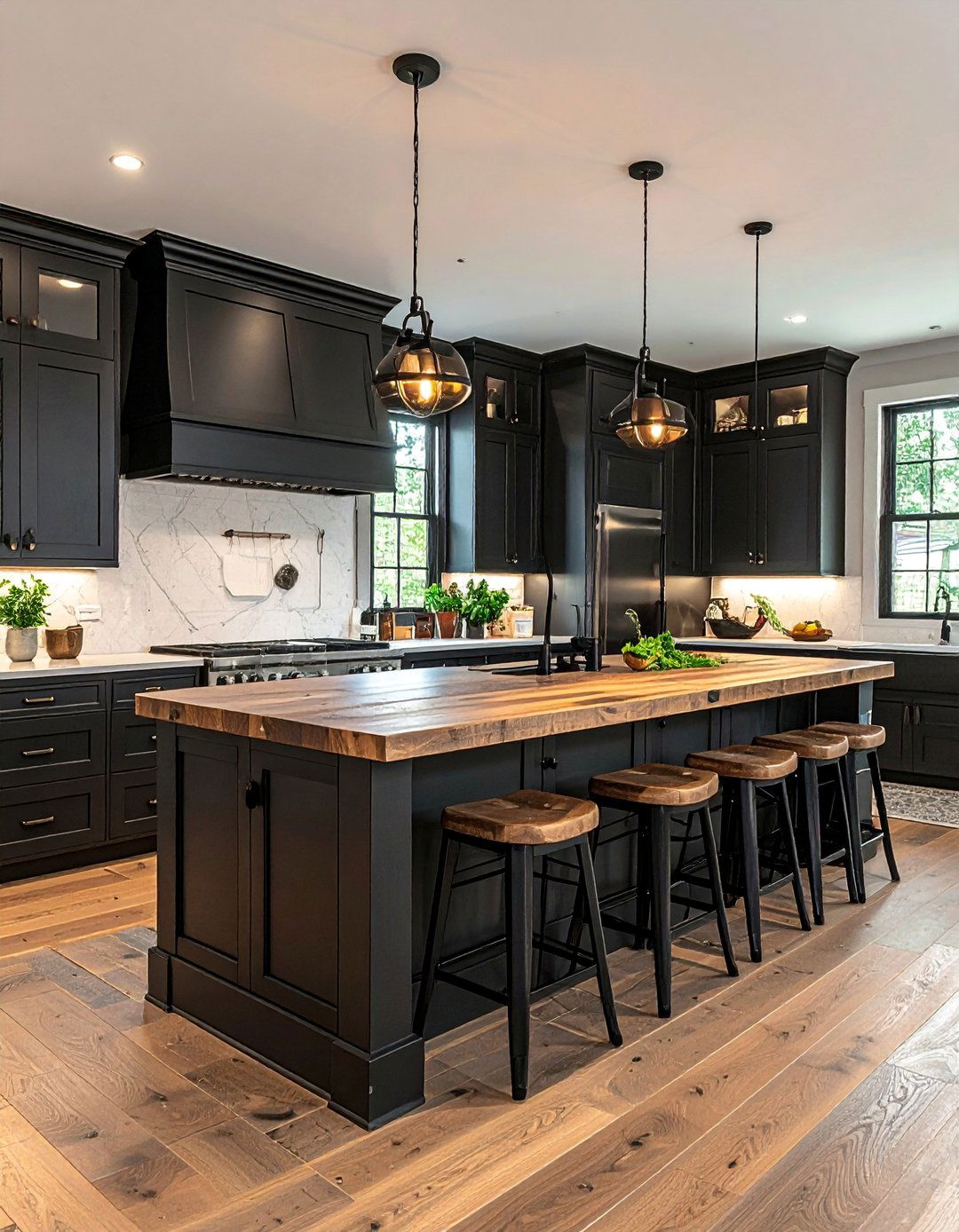Black Shaker Cabinets with a Butcher Block Island - 25 Stunning Kitchen Ideas with Black Cabinets & Wood Countertops