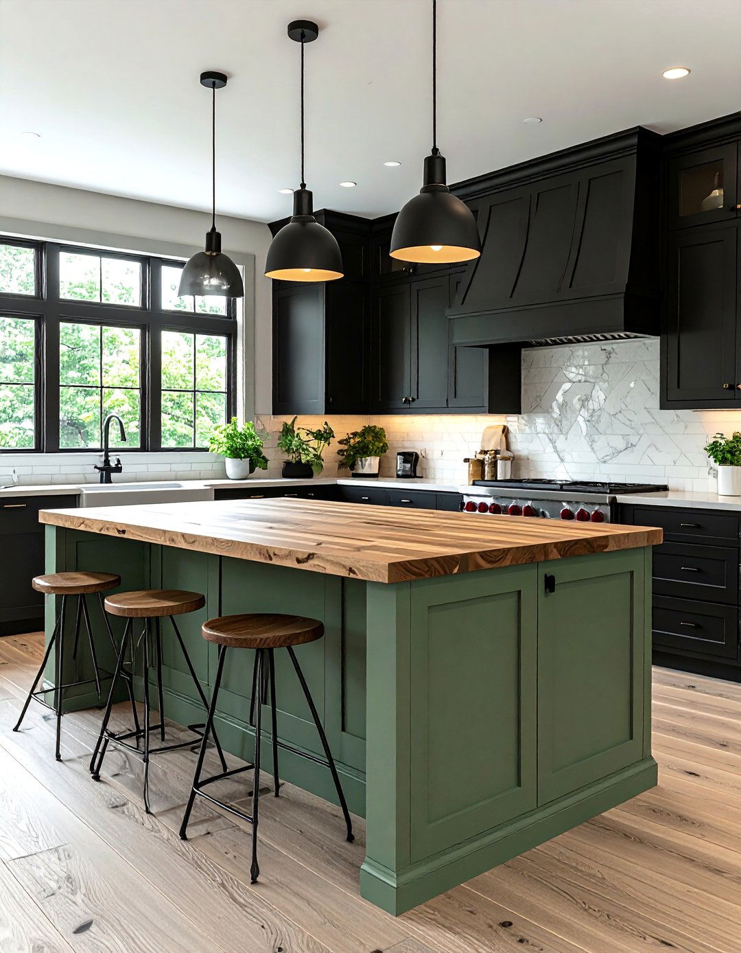 Black Shaker Cabinets with a Sage Green Island - 30 Black and Green Kitchen Ideas for a Modern Twist