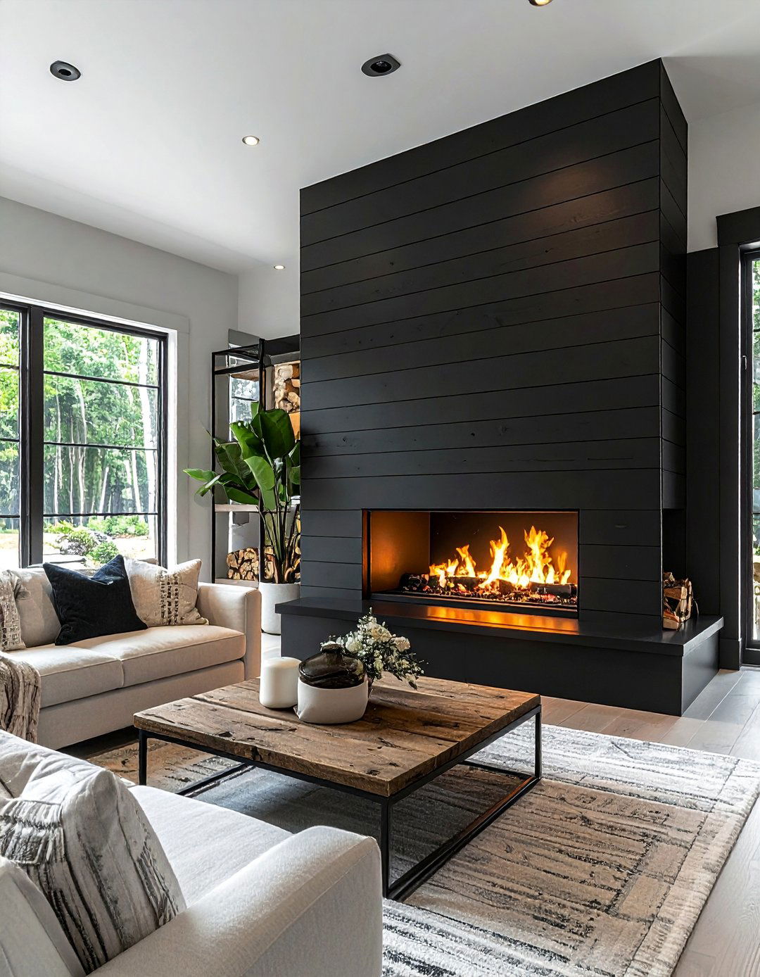 Black Shiplap Modern Farmhouse Fireplace - 25 Stunning Two-Story Fireplace Design Ideas