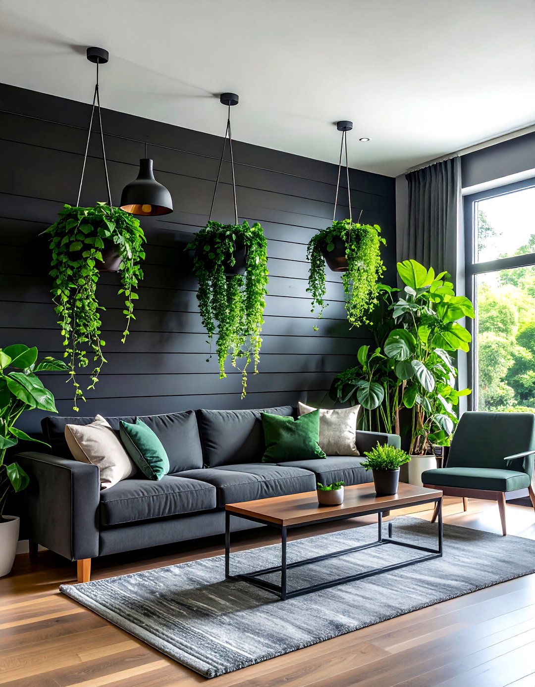 Black Shiplap Wall with Hanging Green Plants - 30 Black and Green Living Room Ideas for a Luxe Feel