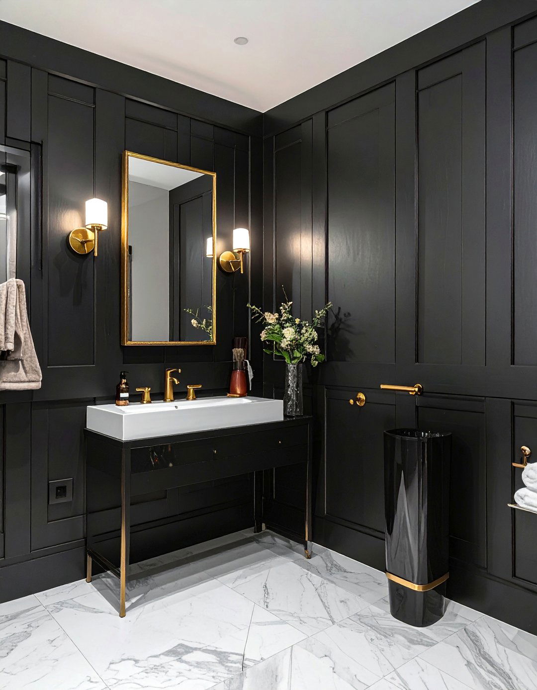Black Shiplap Walls with Gold Sconces - 20 Black and Gold Bathroom Ideas for a Luxurious Feel