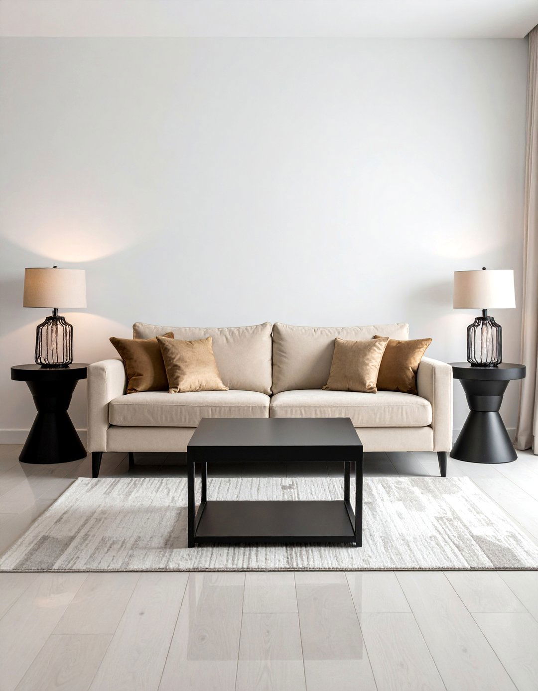 Black Side Tables Flanking a Beige Couch - 30 Black and Beige Living Room Ideas for a Neutral Palette