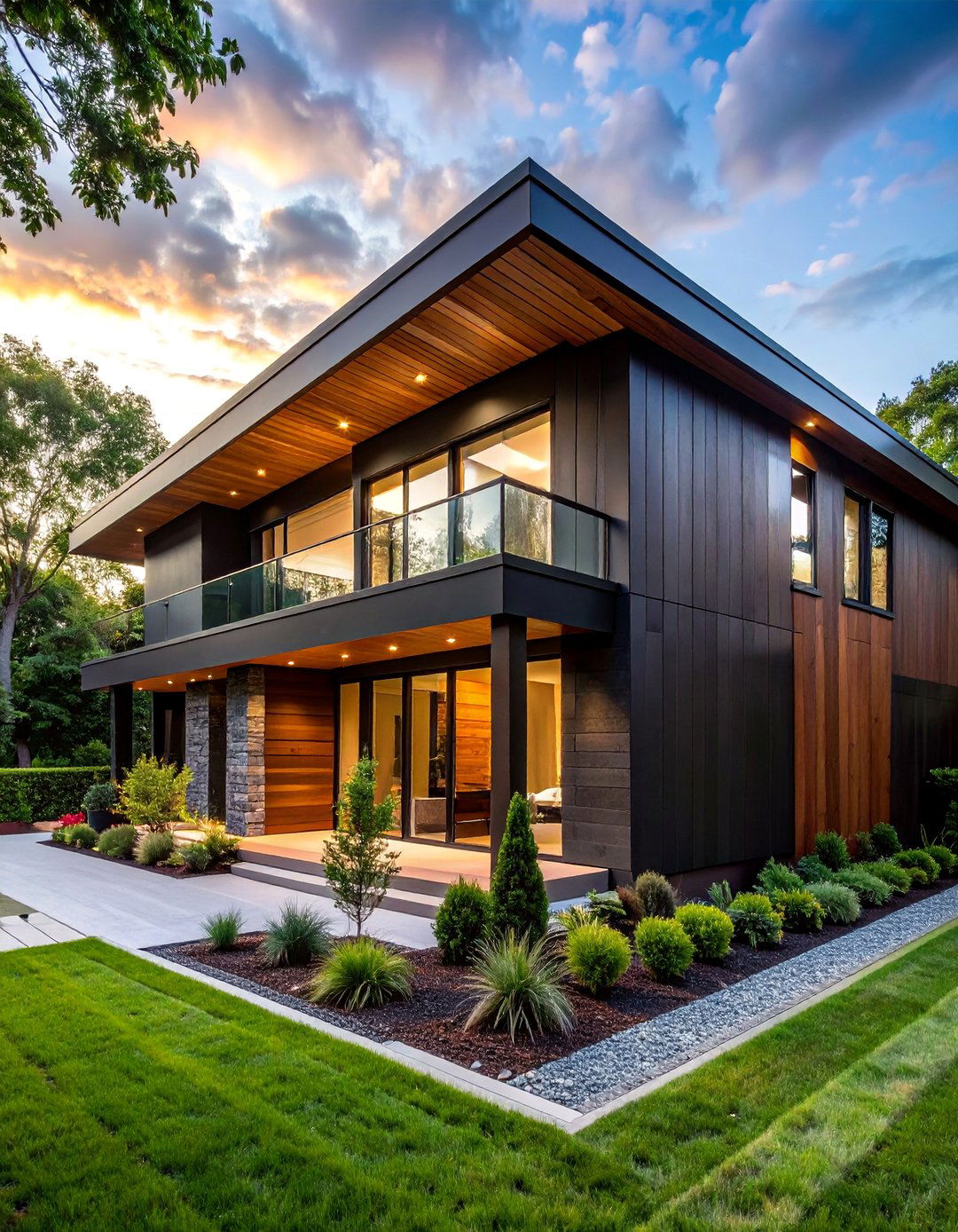 Black Siding with Natural Wood Soffits - 20 Two-tone Siding Designs to Boost Curb Appeal