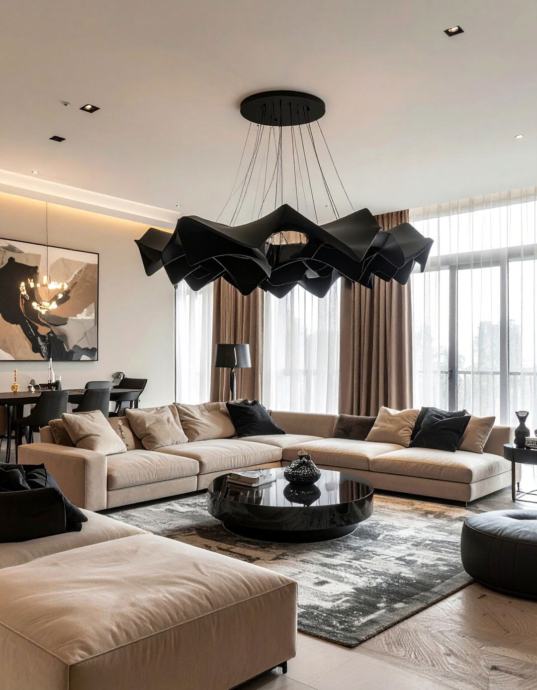 Black Statement Lighting Fixture - 30 Black and Beige Living Room Ideas for a Neutral Palette