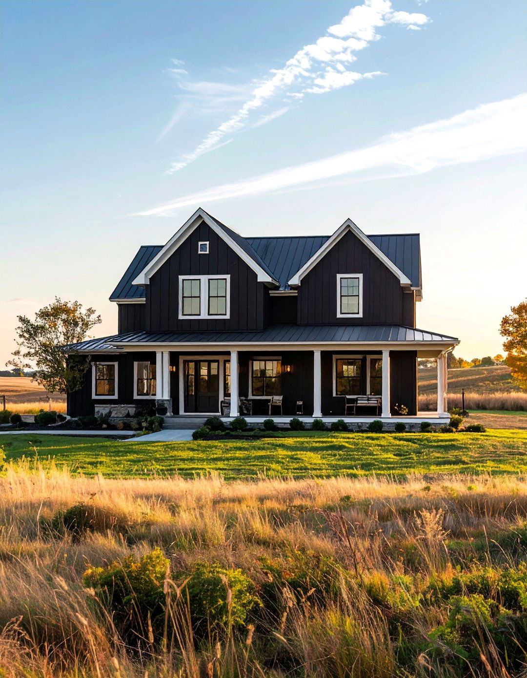 Black Stucco Farmhouse with White Trim - 20 Black Stucco House Ideas for a Bold Exterior