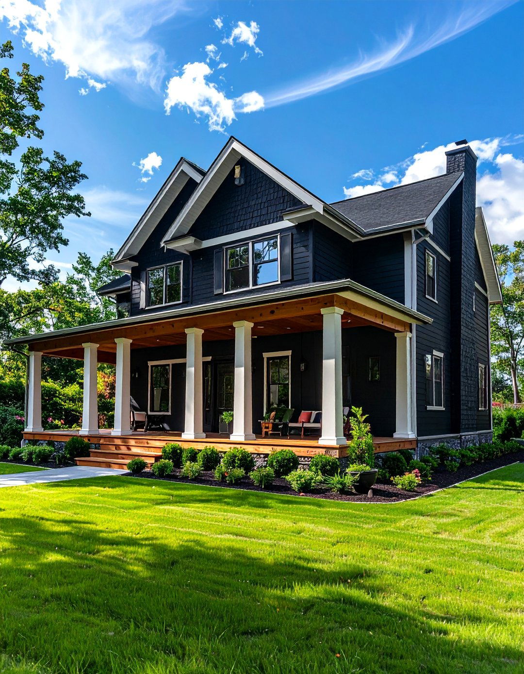 Black Stucco Home with a Wraparound Porch - 20 Black Stucco House Ideas for a Bold Exterior