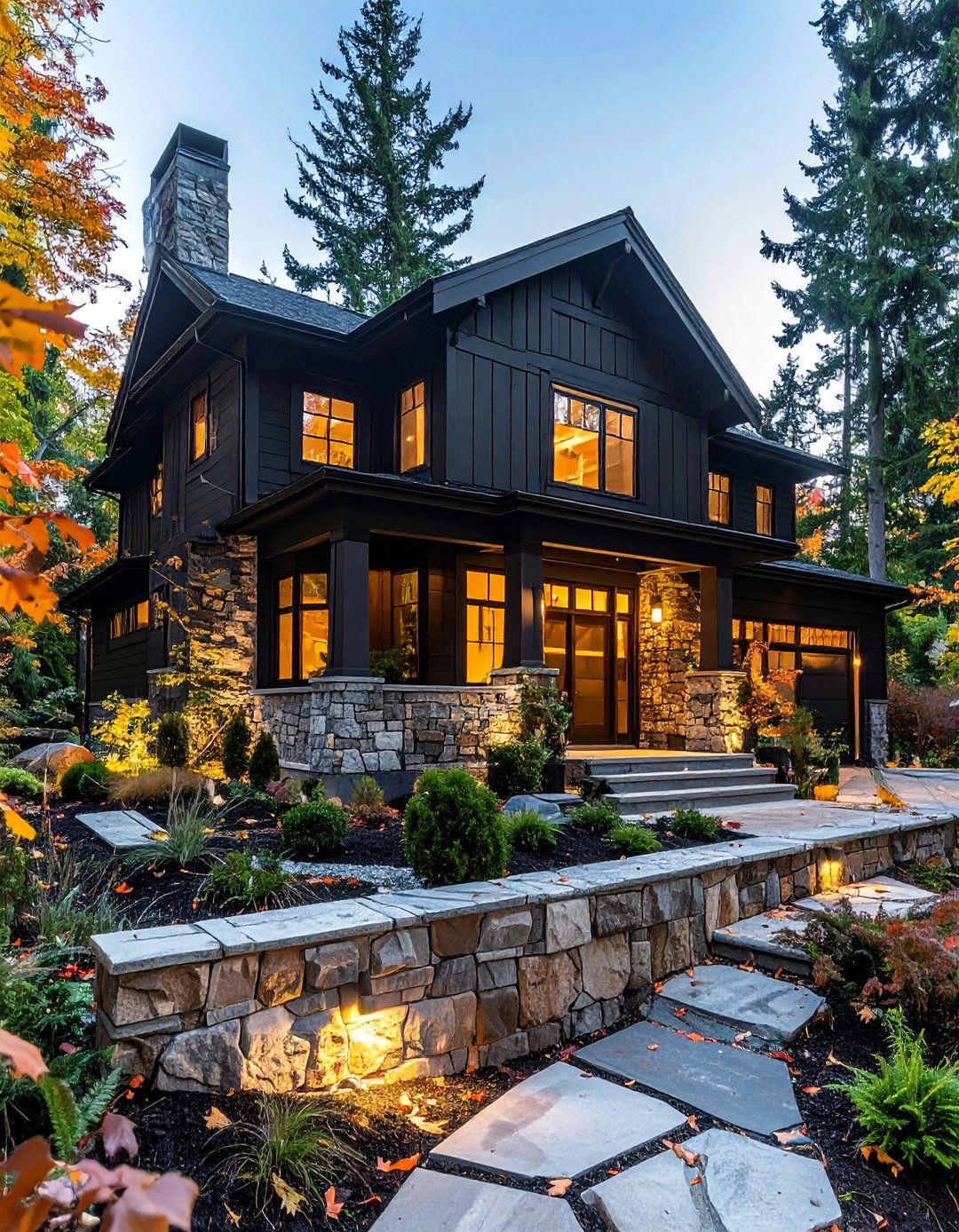 Black Stucco House and Natural Stone Veneer - 20 Black Stucco House Ideas for a Bold Exterior