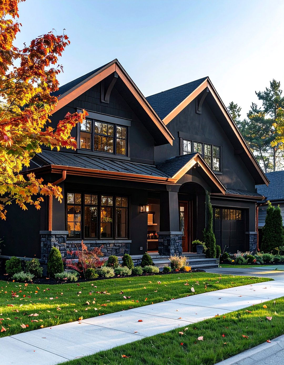 Black Stucco House with Copper Gutters and Downspouts - 20 Black Stucco House Ideas for a Bold Exterior