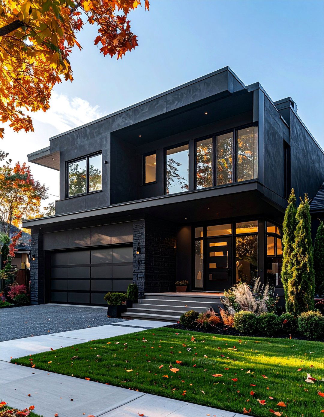 Black Stucco House with Dark Window Frames - 20 Black Stucco House Ideas for a Bold Exterior