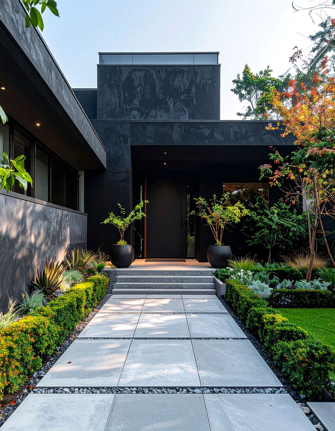 Black Stucco House with Integrated Concrete Elements - 20 Black Stucco House Ideas for a Bold Exterior