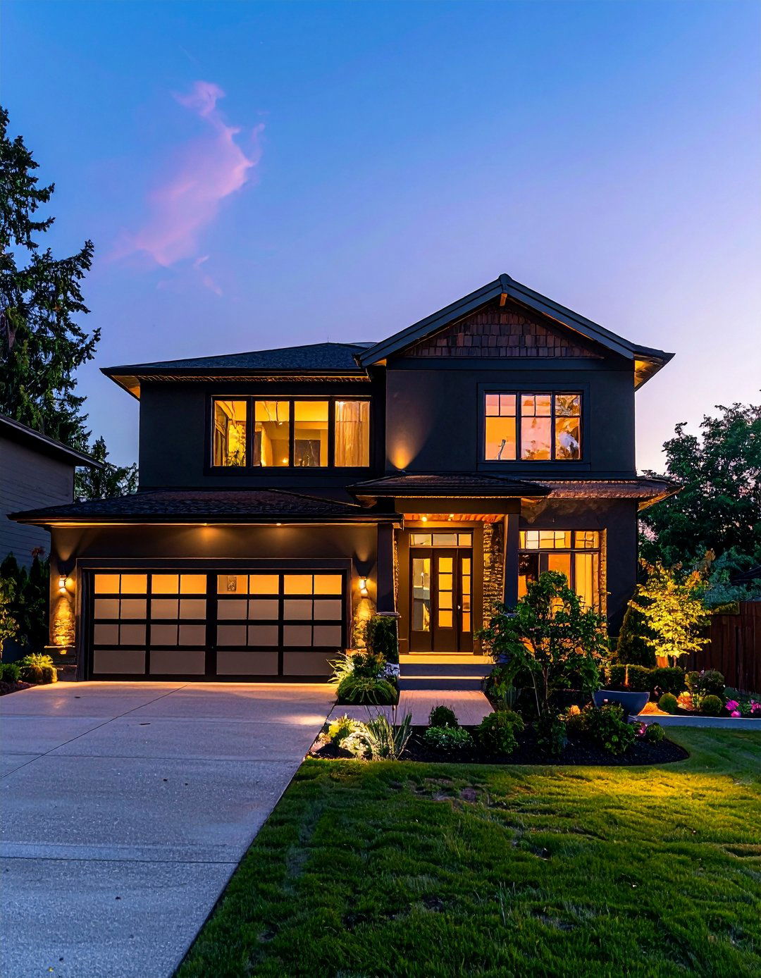 Black Stucco House with Integrated Landscape Lighting - 20 Black Stucco House Ideas for a Bold Exterior