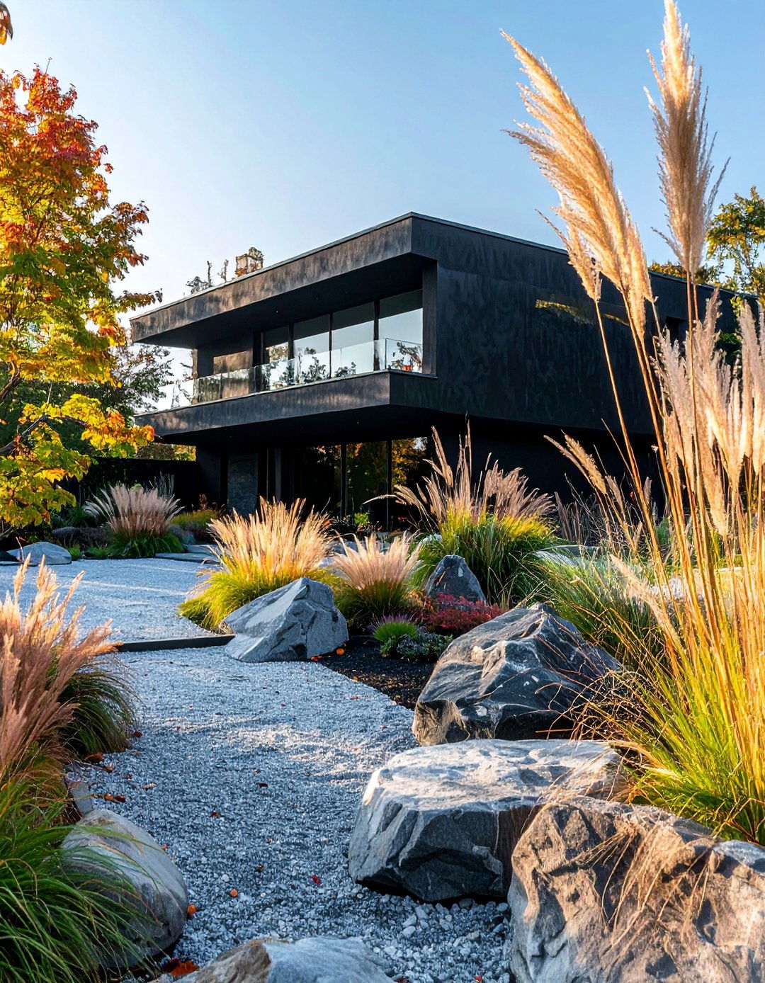 Black Stucco House with Minimalist Landscaping - 20 Black Stucco House Ideas for a Bold Exterior