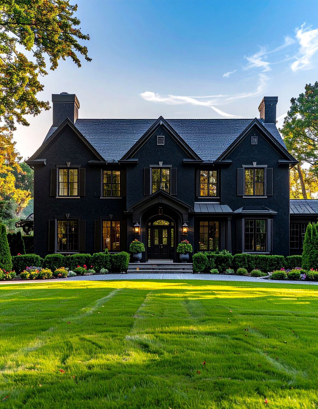 Black Stucco House with Symmetrical Design - 20 Black Stucco House Ideas for a Bold Exterior