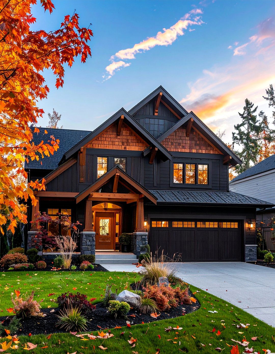 Black Stucco House with Warm Wood Accents - 20 Black Stucco House Ideas for a Bold Exterior
