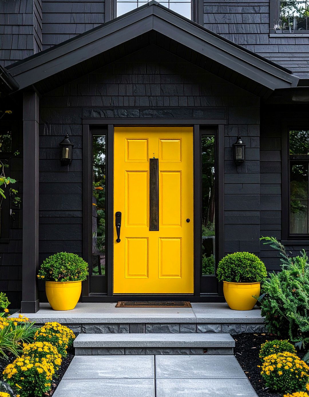 Black Stucco House with a Boldly Colored Front Door - 20 Black Stucco House Ideas for a Bold Exterior
