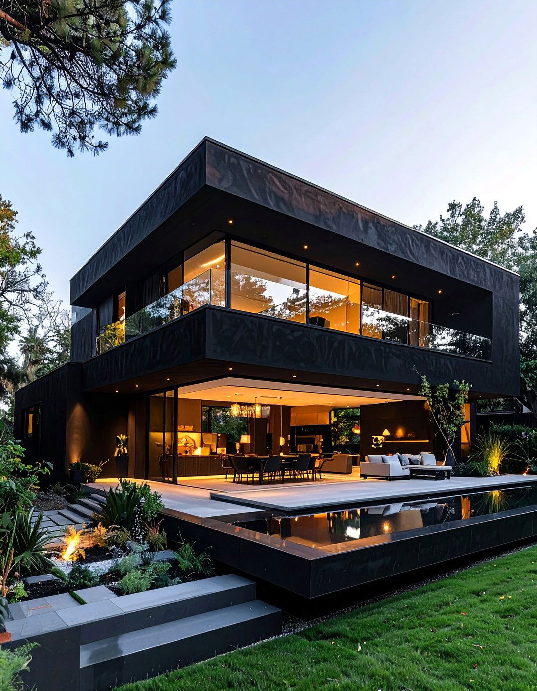 Black Stucco House with a Cantilevered Upper Story - 20 Black Stucco House Ideas for a Bold Exterior