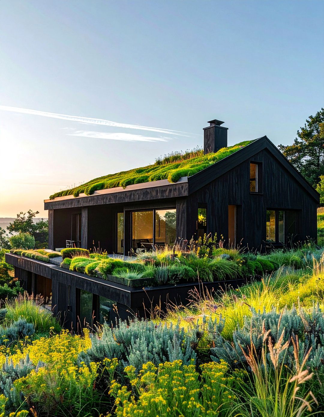 Black Stucco House with a Green Roof - 20 Black Stucco House Ideas for a Bold Exterior