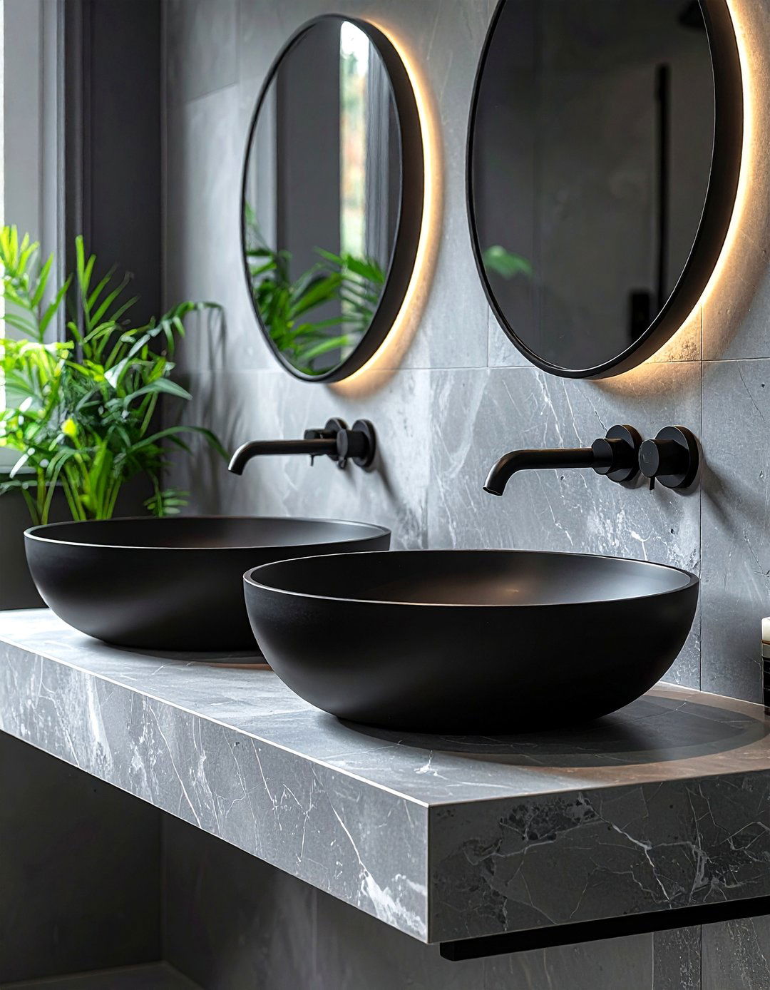 Black Vessel Sinks on a Grey Vanity - 20 Black and Grey Bathroom Ideas for a Stylish Retreat
