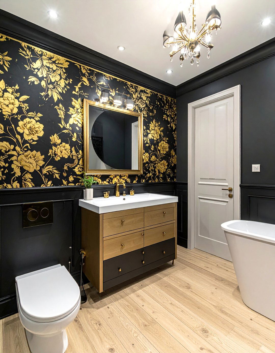 Black Wainscoting with Gold Wallpaper Above - 20 Black and Gold Bathroom Ideas for a Luxurious Feel