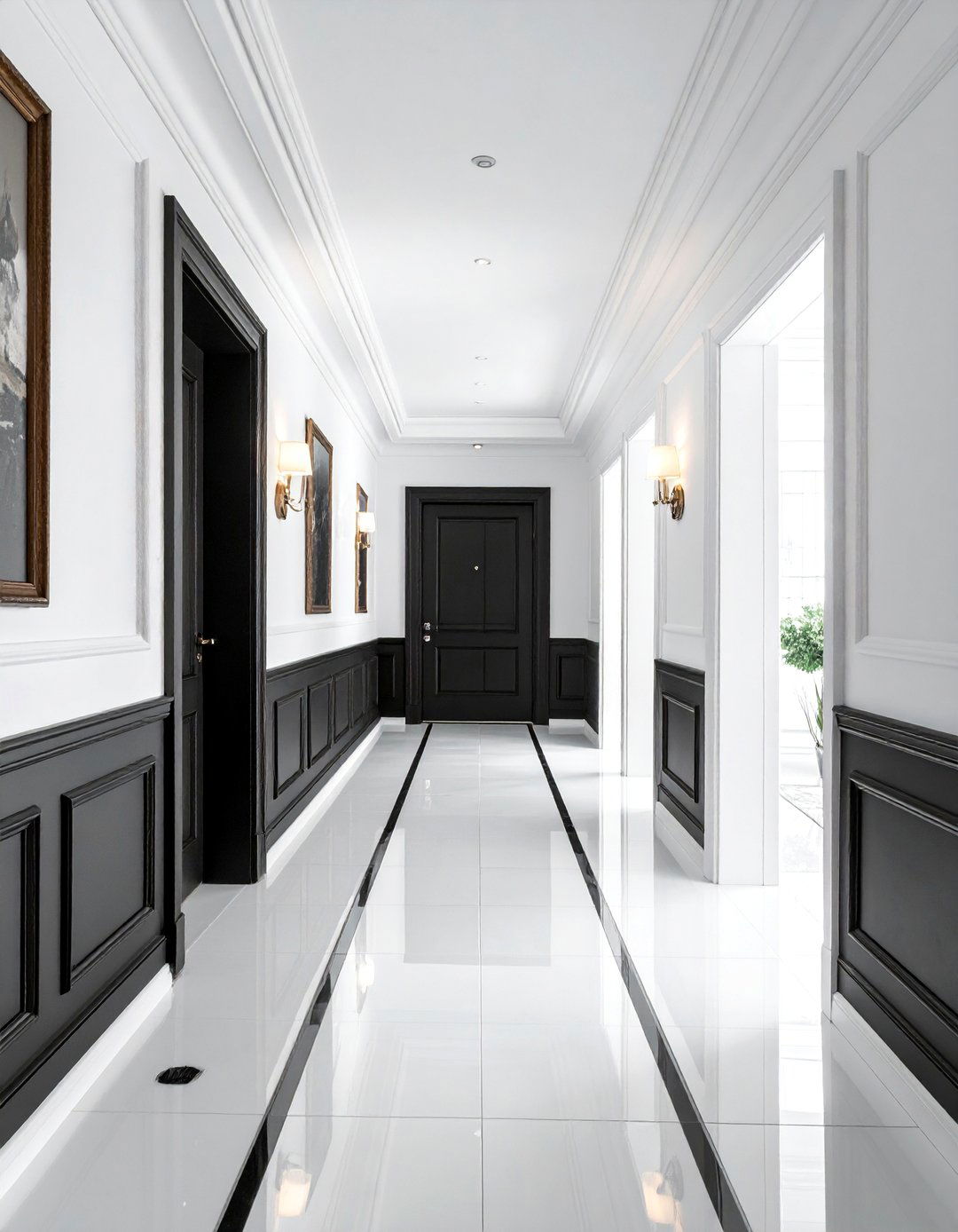 Black Wainscoting with Lighter Walls - 15 Black Hallway Ideas to Make a Bold Statement