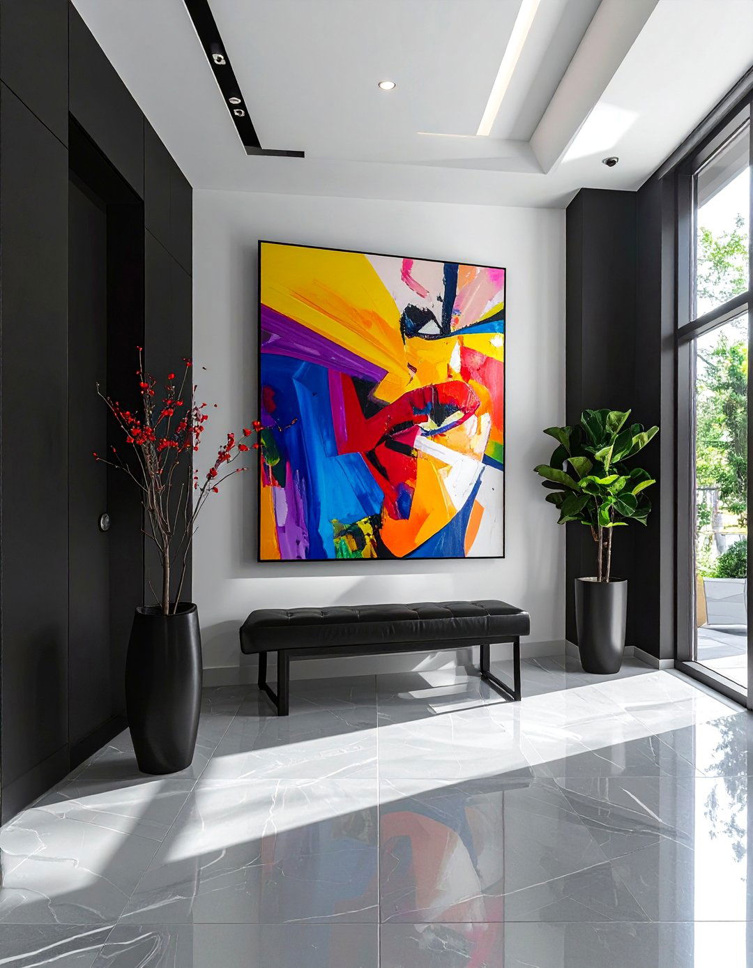 Black Walls with Bright Pop Art - 15 Black Hallway Ideas to Make a Bold Statement