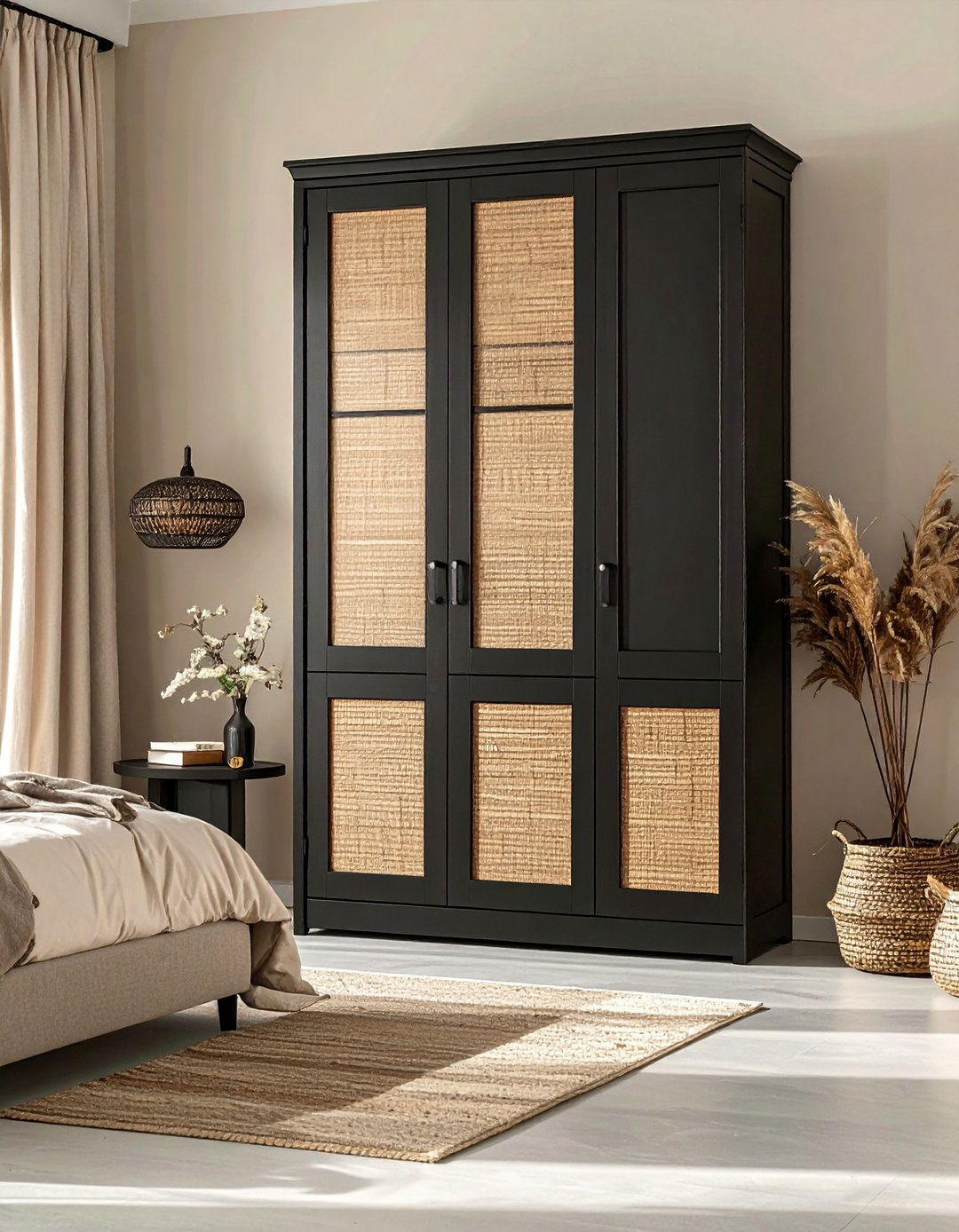 Black Wardrobe with Beige Inset Panels - 20 Black and Beige Bedroom Design Ideas for Serenity