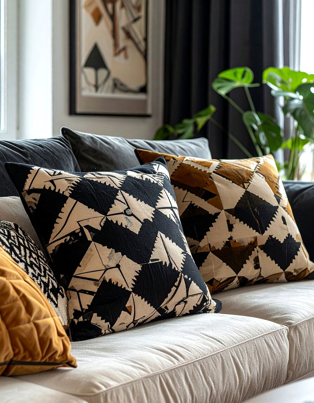 Black and Beige Geometric Patterned Decor - 30 Black and Beige Living Room Ideas for a Neutral Palette