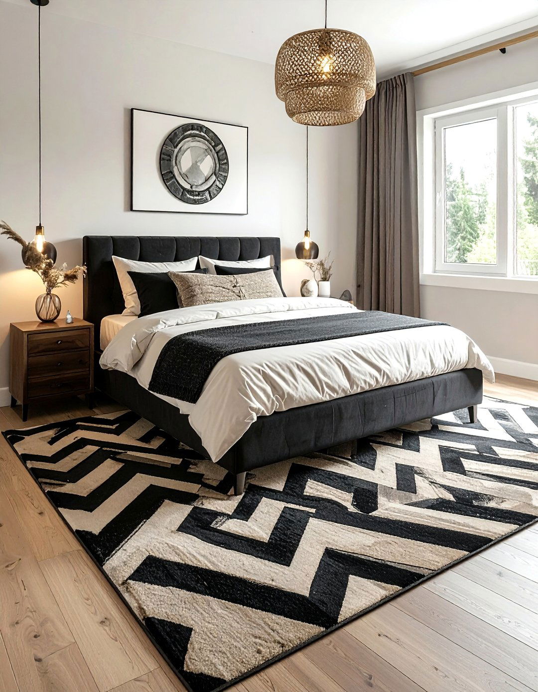 Black and Beige Geometric Patterned Rug - 20 Black and Beige Bedroom Design Ideas for Serenity