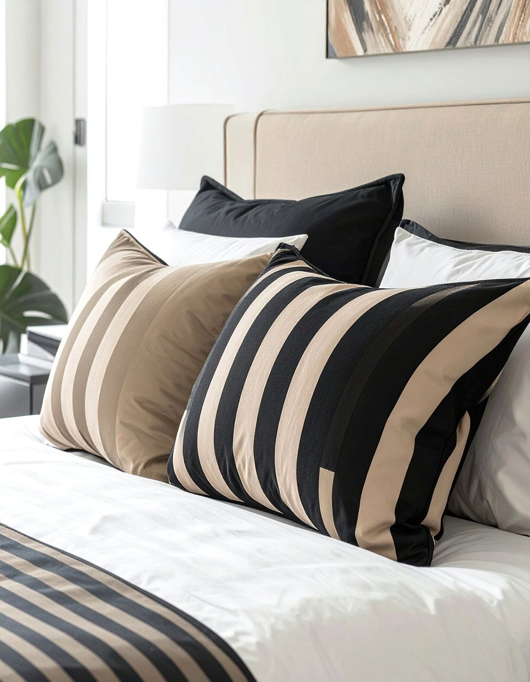 Black and Beige Striped Accent Pillows - 20 Black and Beige Bedroom Design Ideas for Serenity