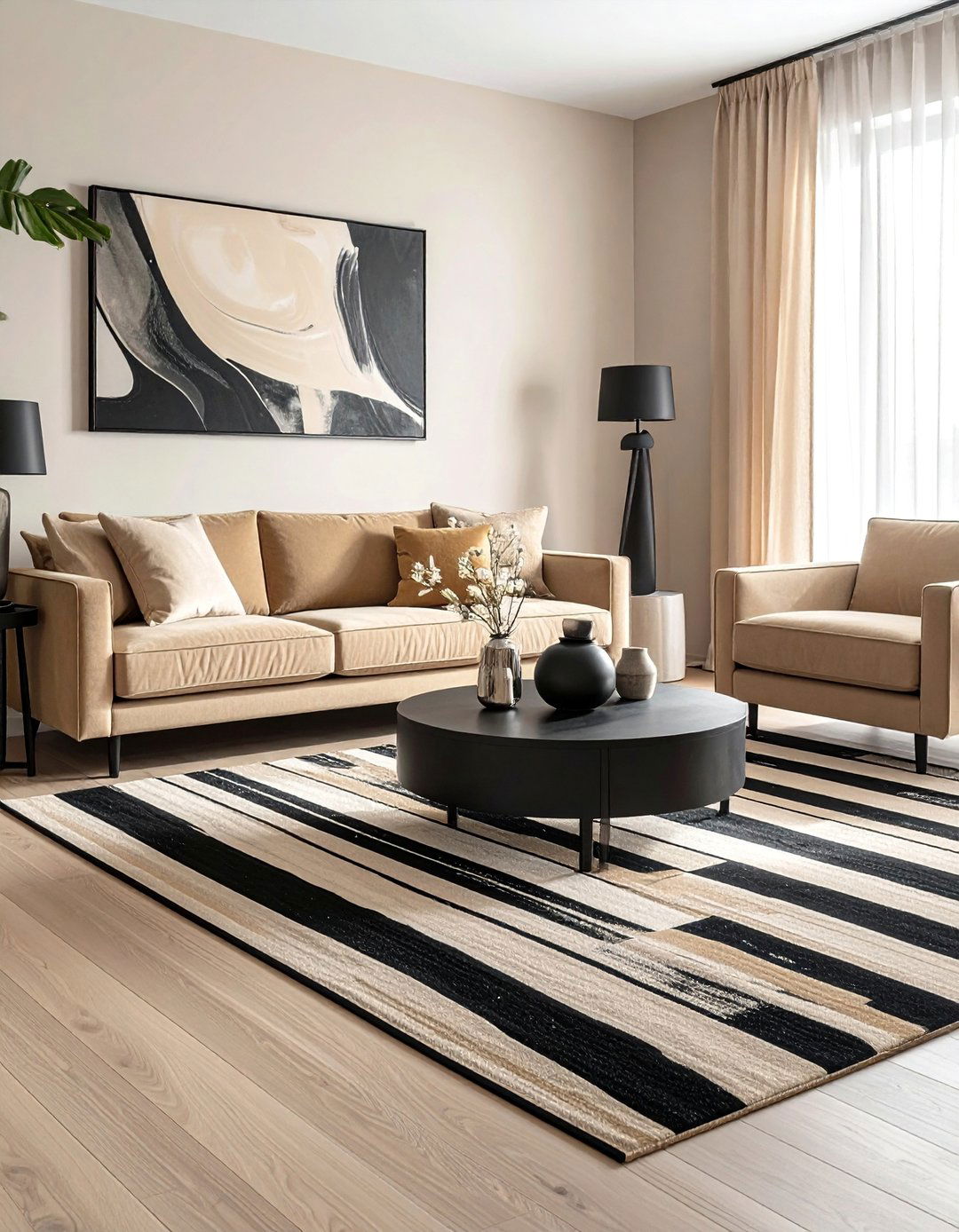 Black and Beige Striped Area Rug - 30 Black and Beige Living Room Ideas for a Neutral Palette