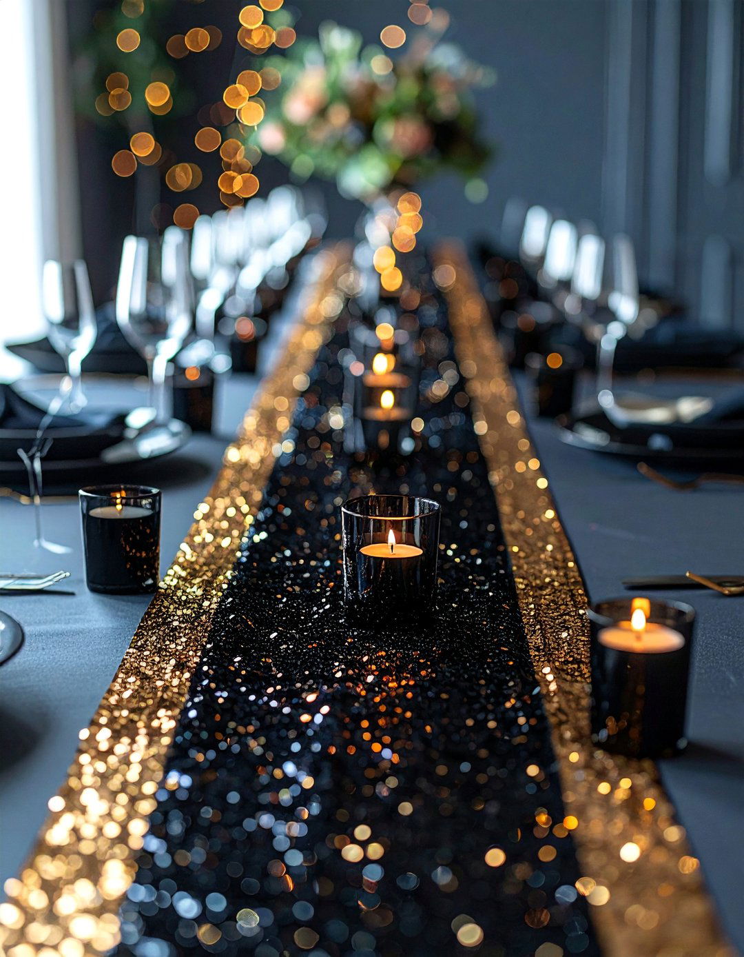 Black and Gold Sequin Table Runner Centerpiece - 20 Black and Gold Centerpiece Ideas for Elegant Tables