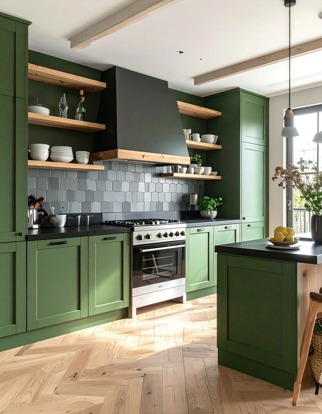 Black and Green Kitchen with Natural Wood Accents - 30 Black and Green Kitchen Ideas for a Modern Twist