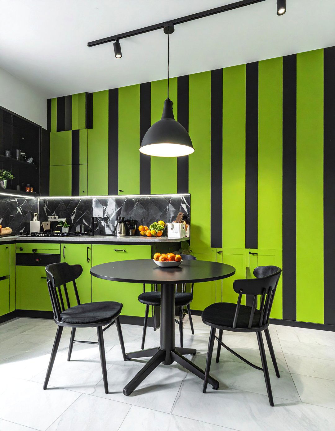 Black and Green Striped Feature Wall - 30 Black and Green Kitchen Ideas for a Modern Twist
