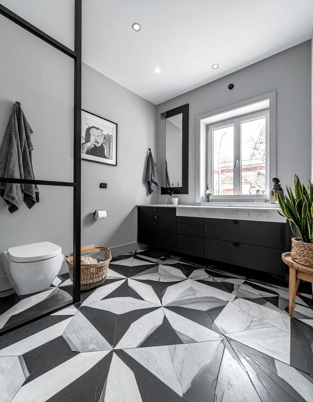 Black and Grey Geometric Patterned Tiles - 20 Black and Grey Bathroom Ideas for a Stylish Retreat