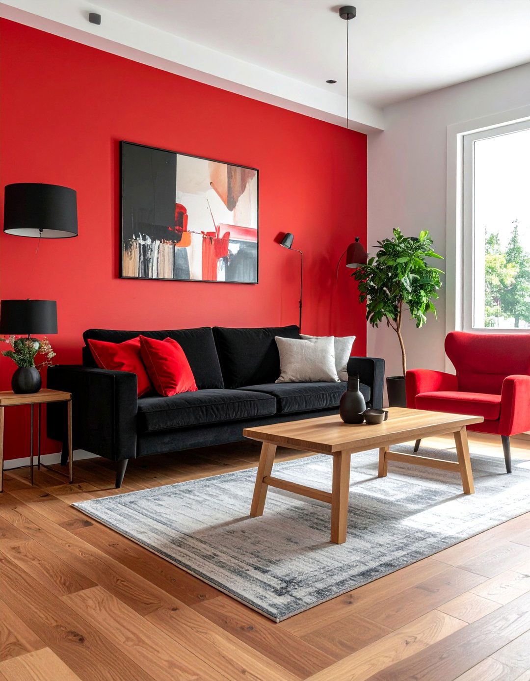 Black and Red Living Room with Natural Wood Tones - 25 Black and Red Living Room Ideas for Bold Interiors