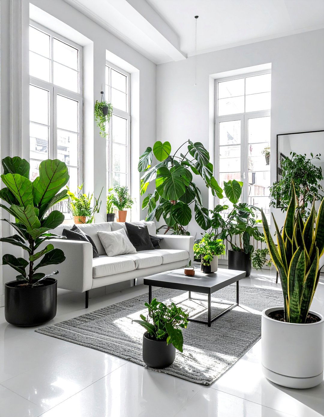 Black and White Boho Living Room with Abundant Greenery - 20 Black and White Boho Living Room Ideas for a Cozy Vibe
