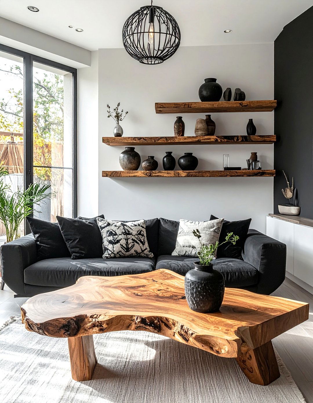 Black and White Boho Living Room with Natural Wood Elements - 20 Black and White Boho Living Room Ideas for a Cozy Vibe
