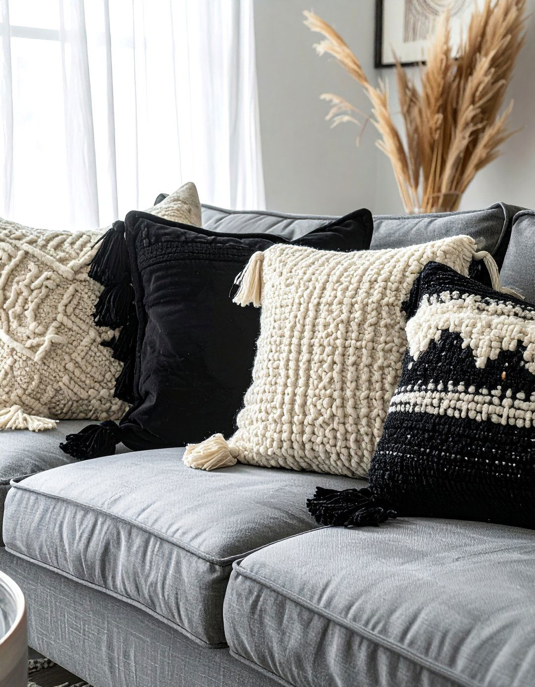 Black and White Boho Living Room with Textured Throw Pillows - 20 Black and White Boho Living Room Ideas for a Cozy Vibe