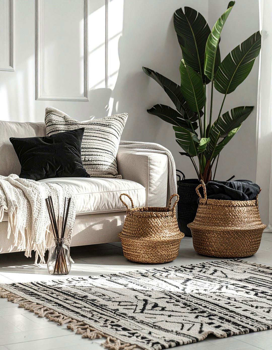 Black and White Boho Living Room with Woven Storage Baskets