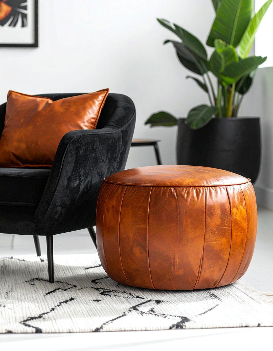 Black and White Boho Living Room with a Leather Pouf - 20 Black and White Boho Living Room Ideas for a Cozy Vibe