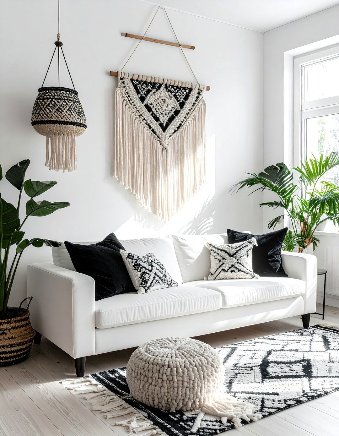 Black and White Boho Living Room with a Statement Macrame Wall Hanging - 20 Black and White Boho Living Room Ideas for a Cozy Vibe