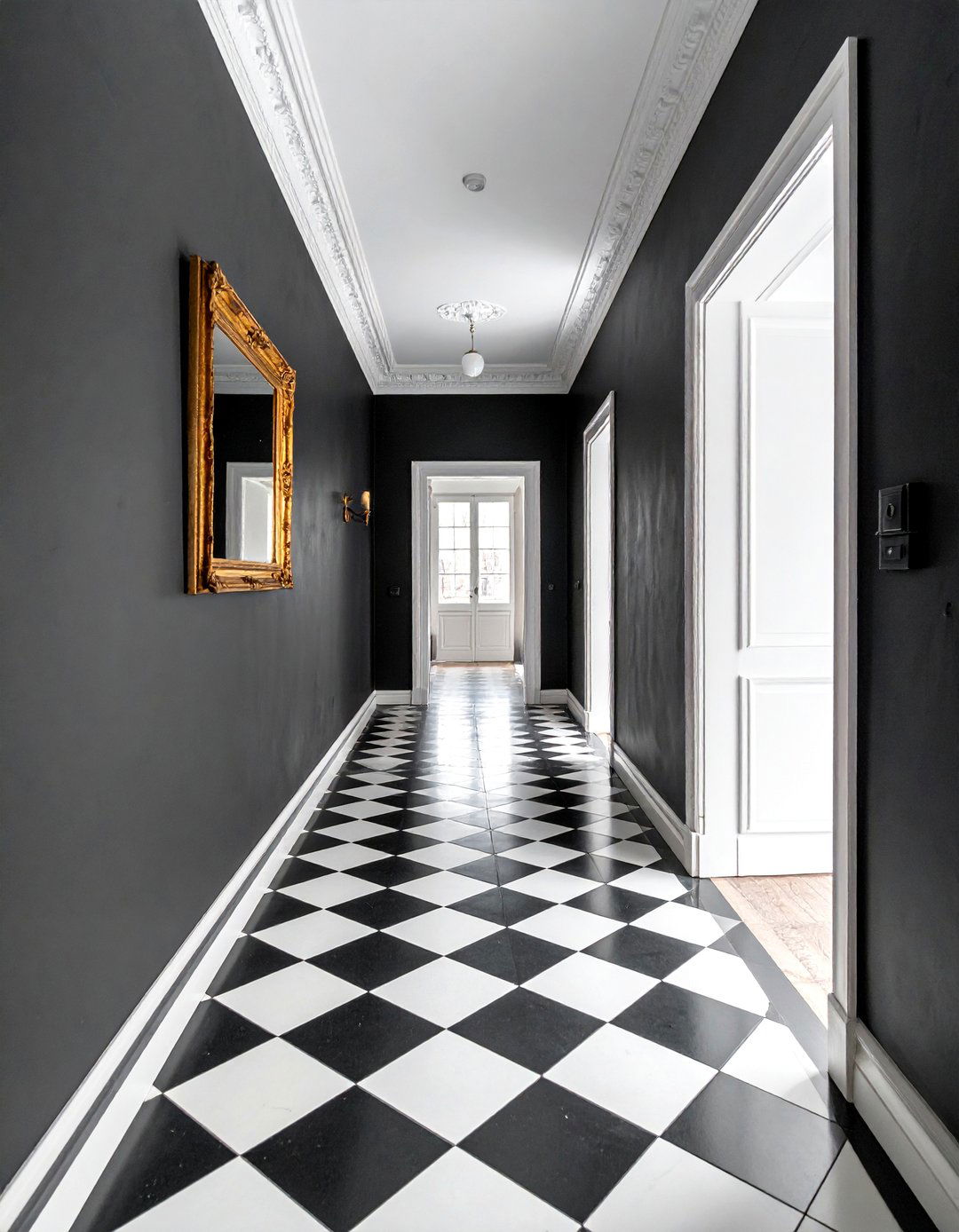 Black and White Checkerboard Flooring - 15 Black Hallway Ideas to Make a Bold Statement