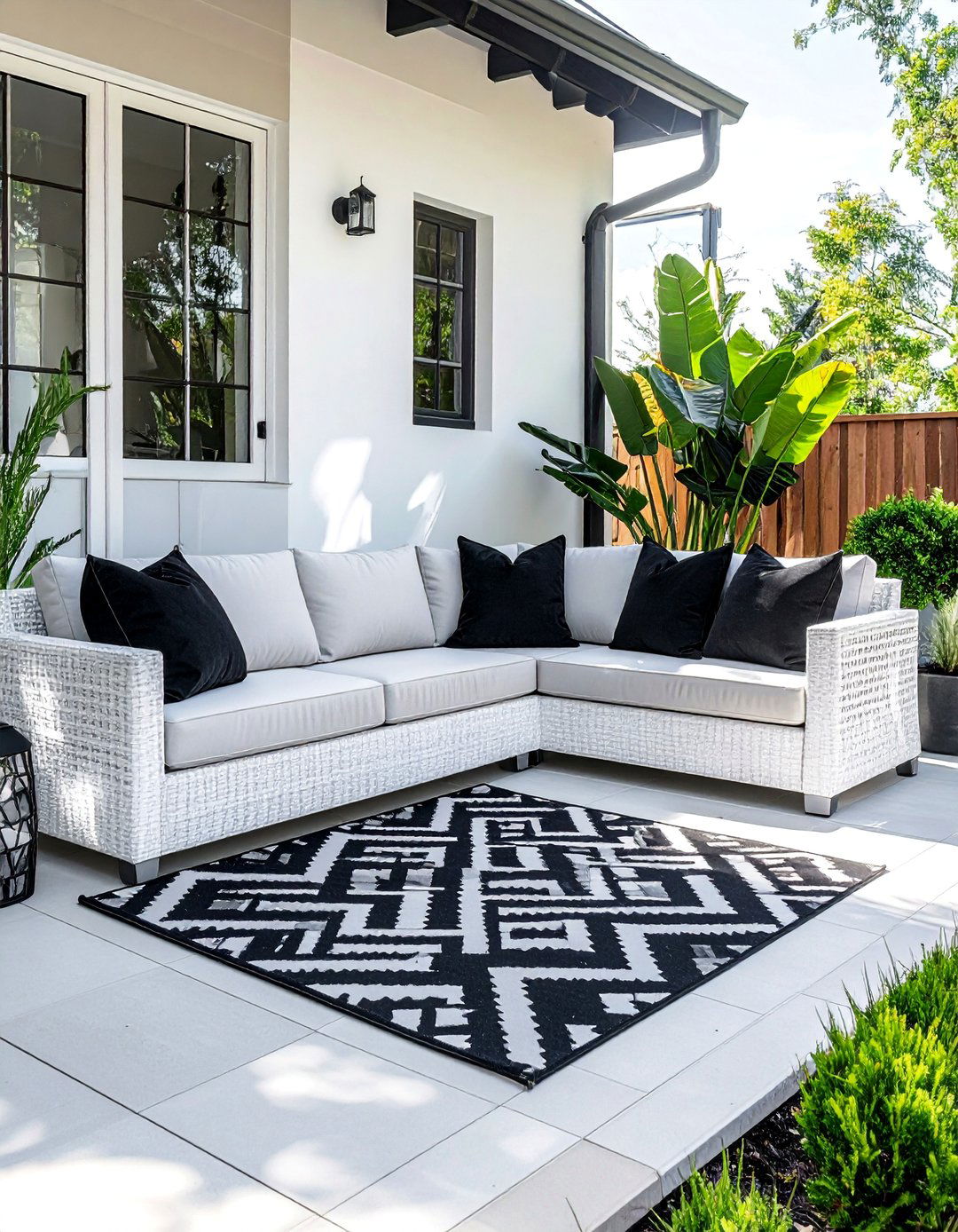 Black and White Geometric Outdoor Rug - 20 Black and White Patio Ideas for Stylish Outdoor Spaces