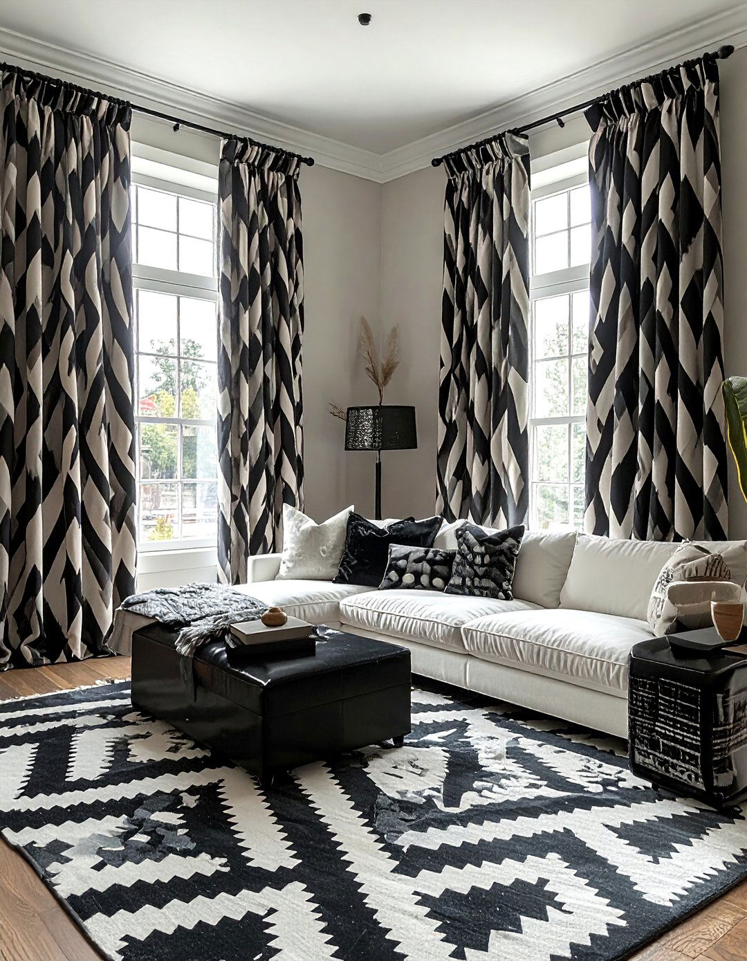 Black and White Geometric Patterned Curtains - 20 Black and White Boho Living Room Ideas for a Cozy Vibe