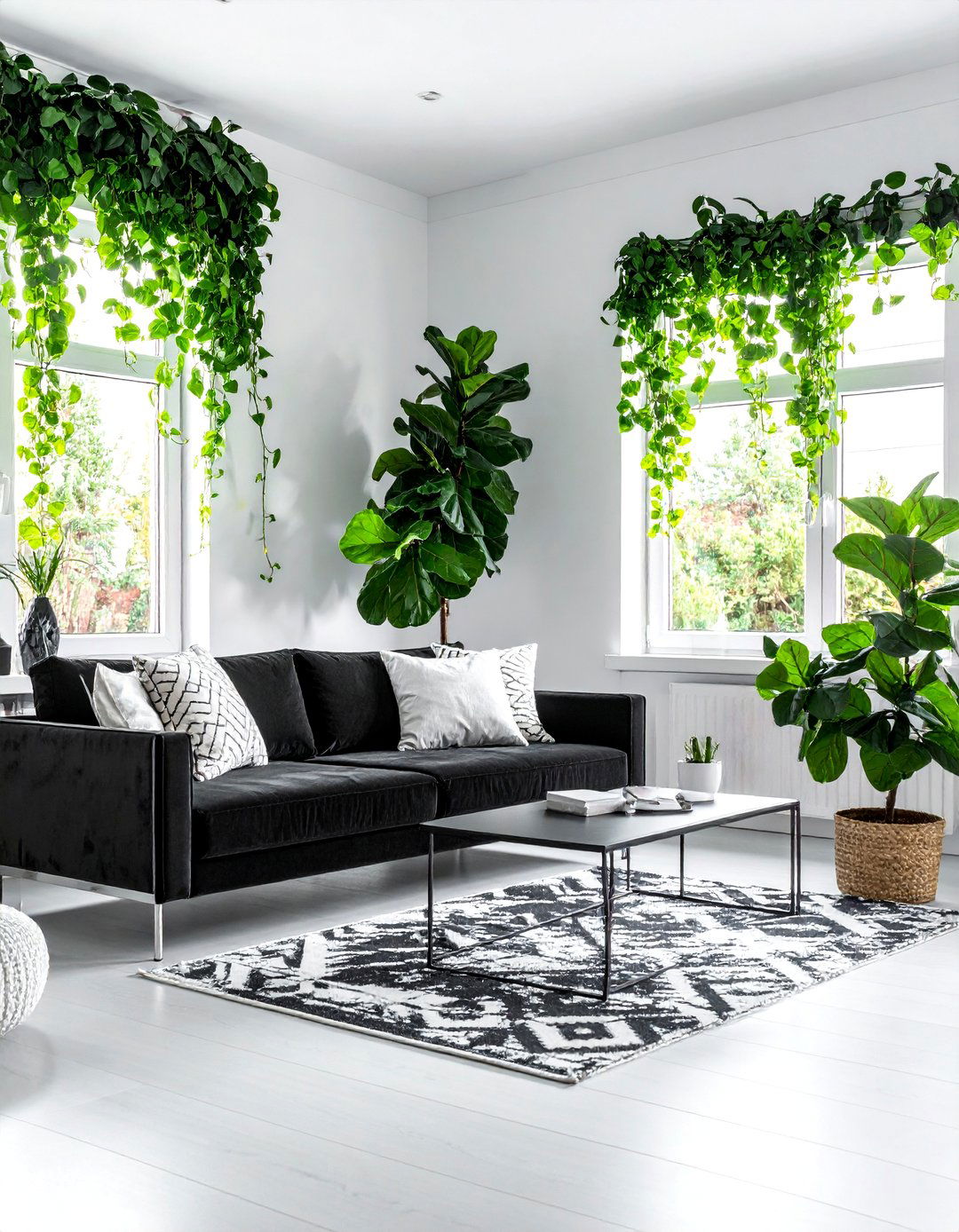 Black and White Living Room with Abundant Greenery - 30 Black and White Living Room Ideas for Timeless Style