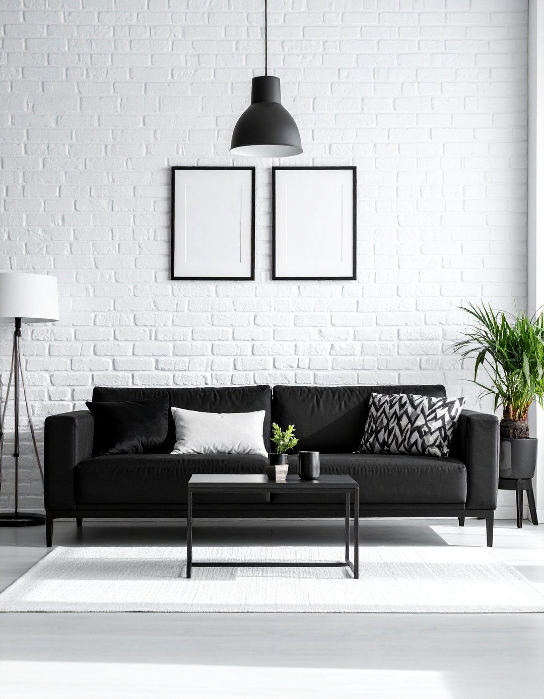 Black and White Living Room with Exposed Brick - 30 Black and White Living Room Ideas for Timeless Style