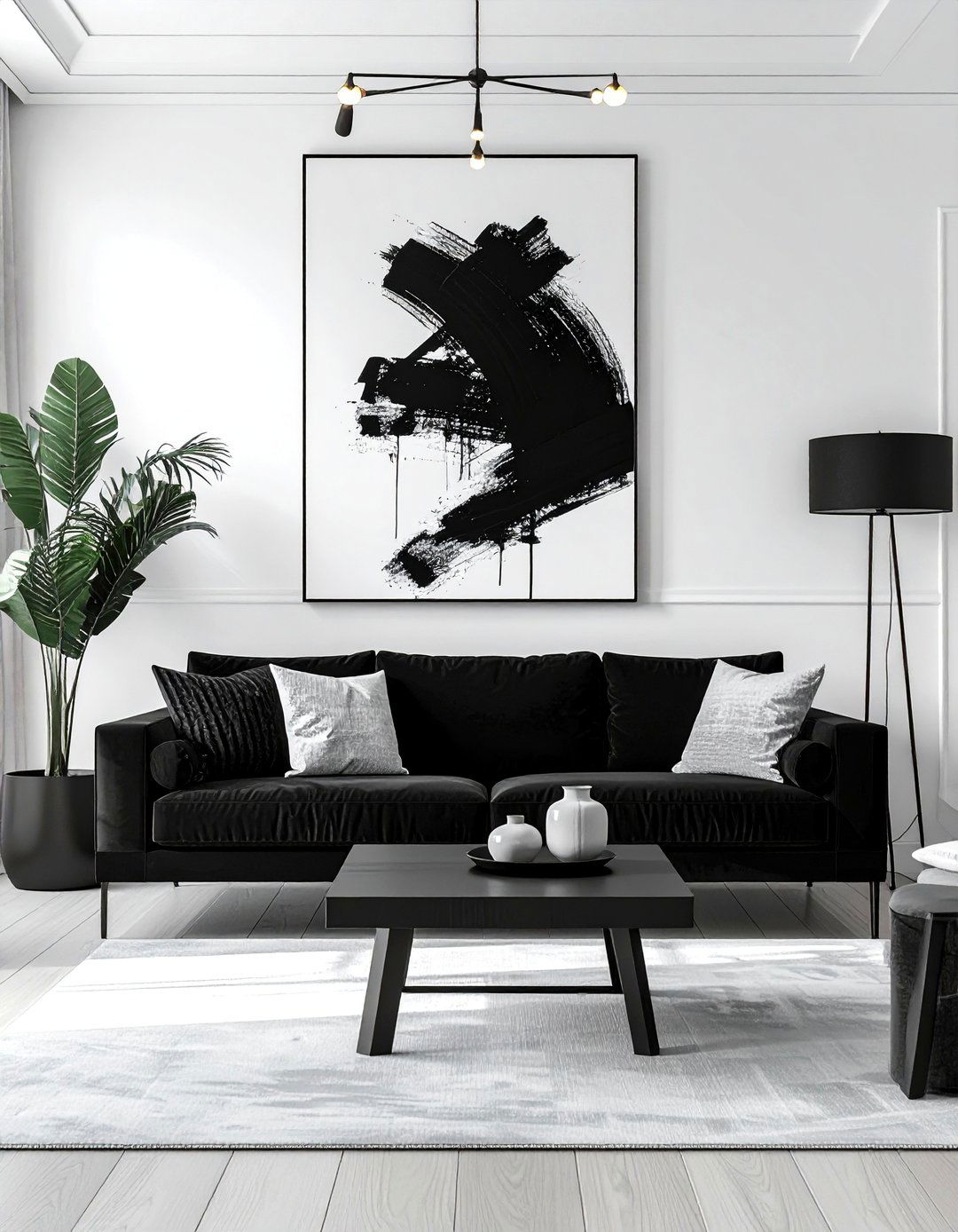 Black and White Living Room with Large Scale Art - 30 Black and White Living Room Ideas for Timeless Style